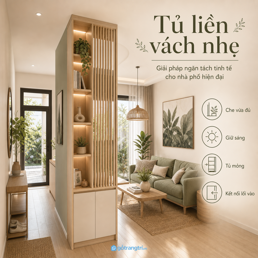 Nhà phố hẹp nên dùng tủ liền vách nhẹ, che vừa đủ