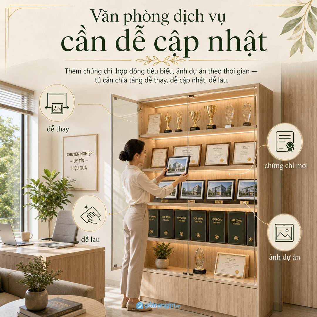 Văn phòng dịch vụ cần tủ dễ cập nhật chứng chỉ và ảnh dự án mới