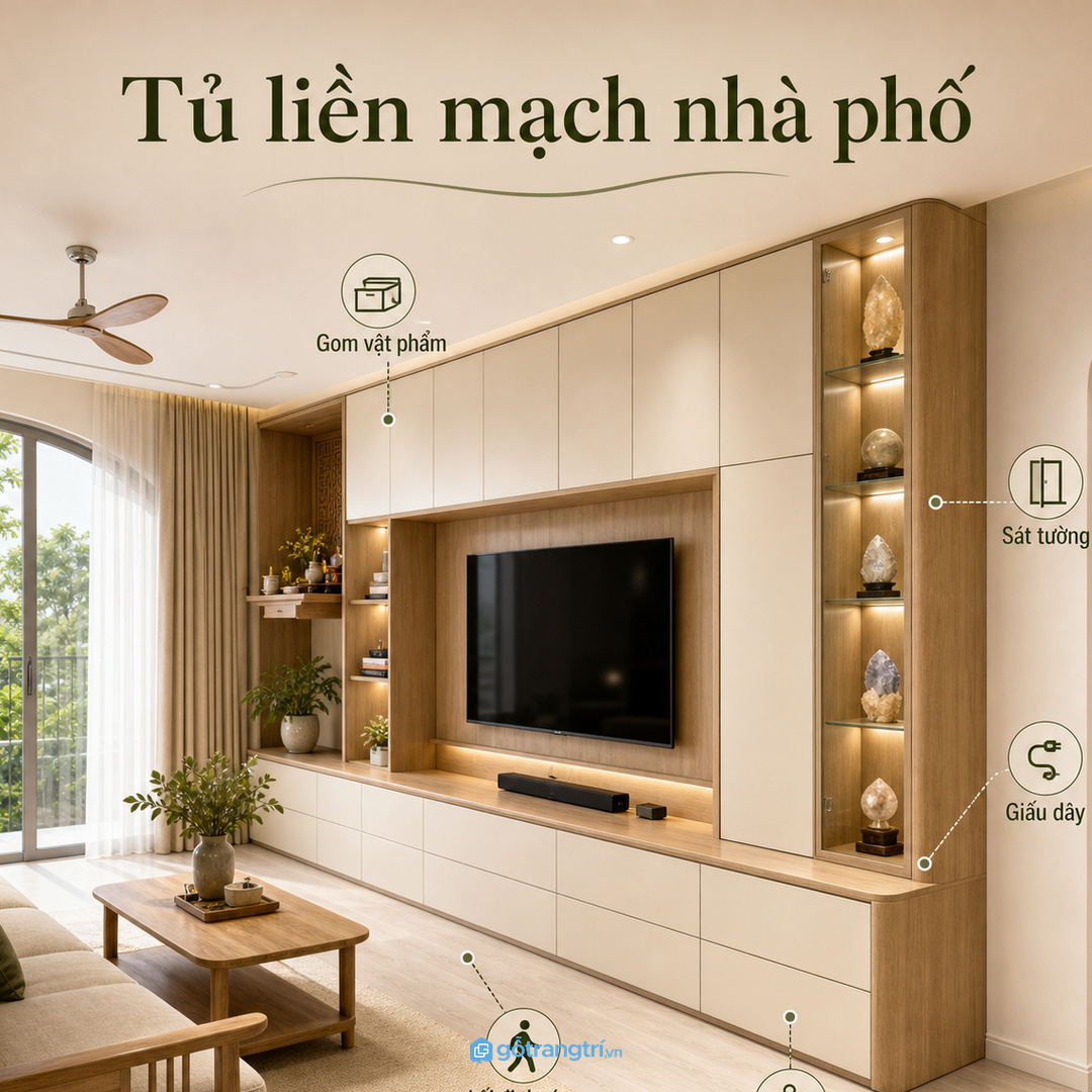 Nhà phố hẹp nên gom góc trưng bày vào một hệ tủ liền mạch