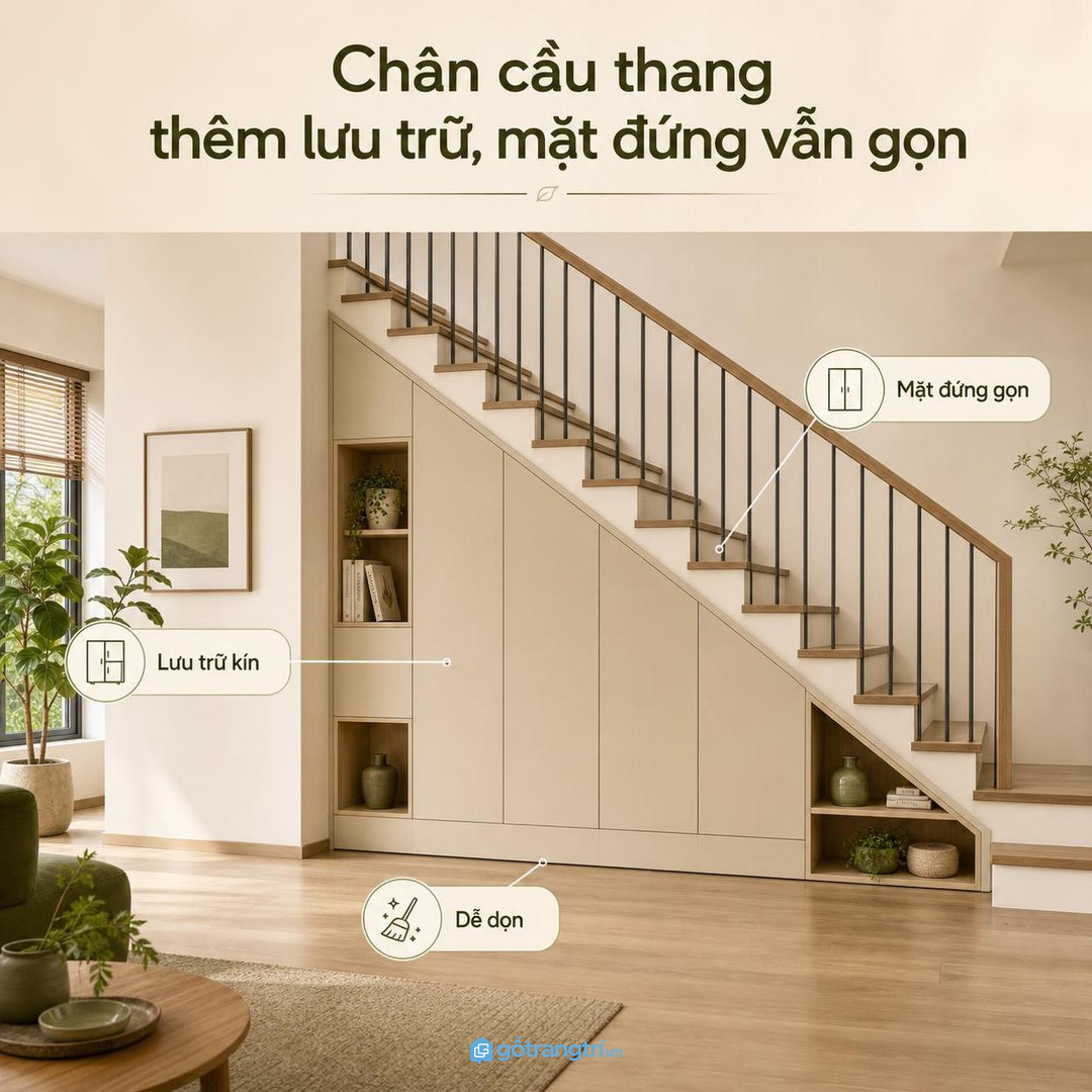 Chân cầu thang có thể thêm lưu trữ nếu giữ được mặt đứng gọn