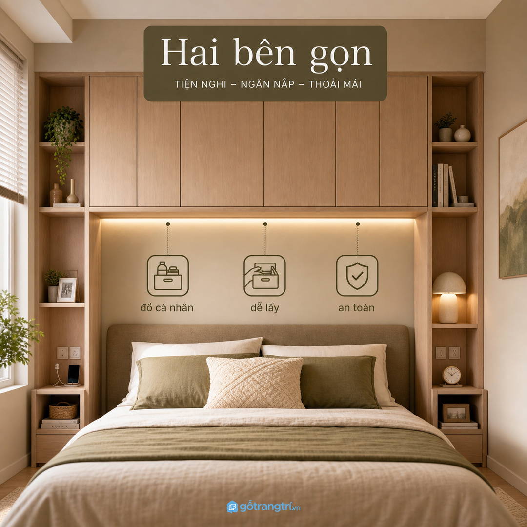 Hai bên đầu giường nên có khoang cá nhân riêng nhưng vẫn giữ mặt ngoài gọn mắt.