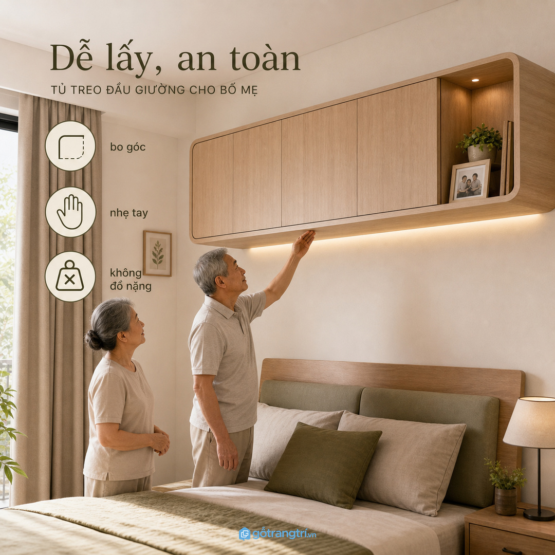 Phòng cho bố mẹ lớn tuổi cần ưu tiên khoang nhẹ, bo góc và tầm lấy đồ an toàn.