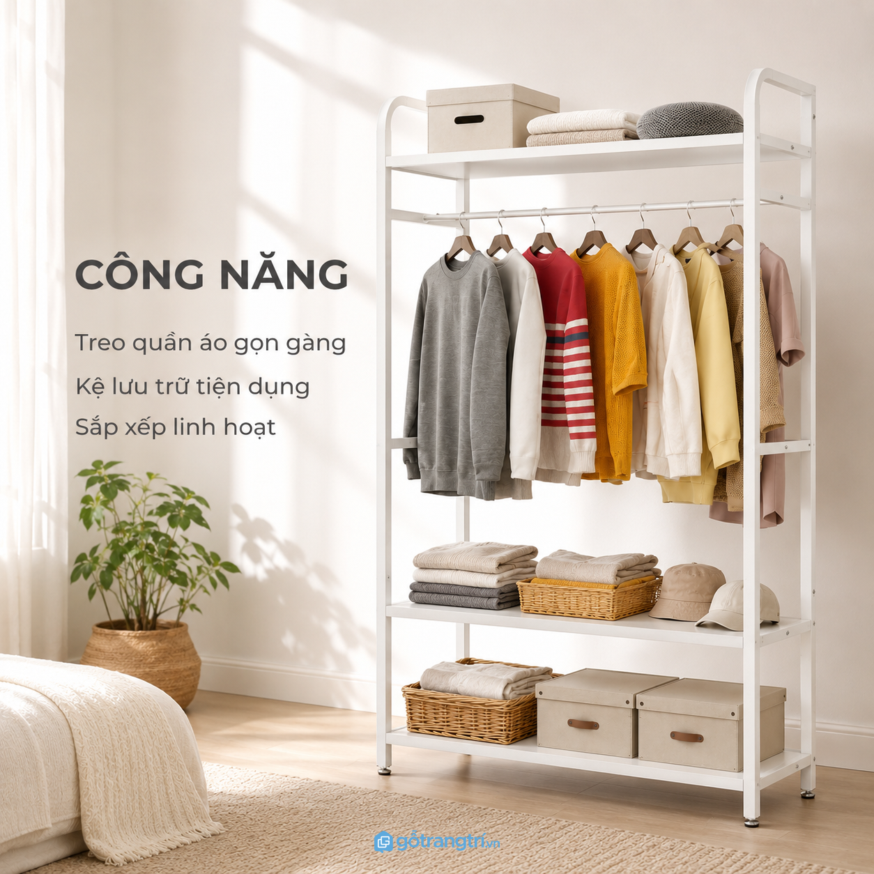 Ba tầng để đồ kết hợp thanh treo tiện dụng