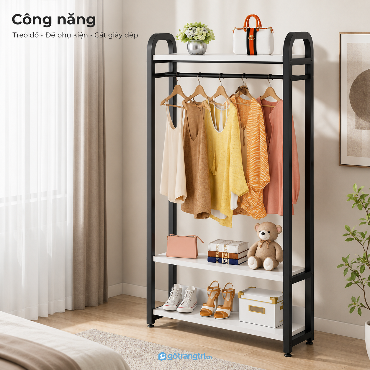 Ba tầng lưu trữ kết hợp thanh treo tiện dụng Ba tầng lưu trữ kết hợp thanh treo tiện dụng
