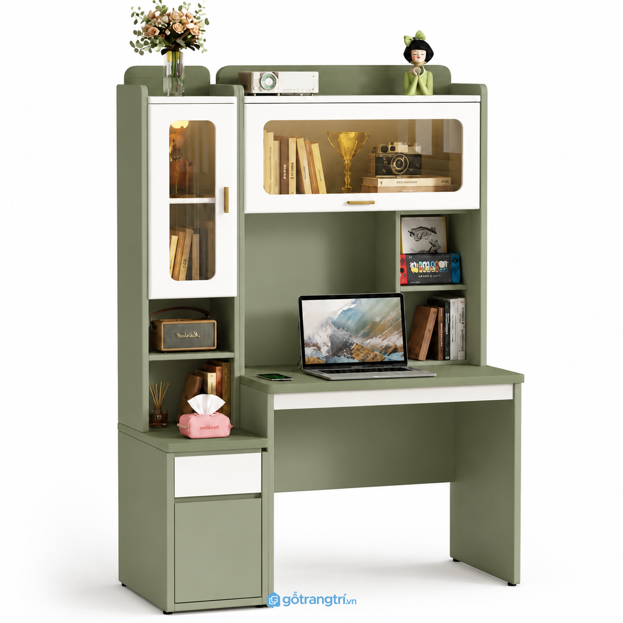 Bàn học liền giá sách có tủ kính hiện đại GHS-4019 - 120x55x190cm - Xanh olive - GHS-4019a Bàn học liền giá sách có tủ kính hiện đại GHS-4019 - 120x55x190cm - Xanh olive - GHS-4019a