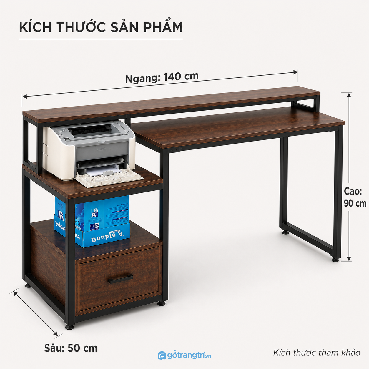 Bàn làm việc 1m4 có kệ máy in, khung sắt tiện dụng Bàn làm việc 1m4 có kệ máy in, khung sắt tiện dụng