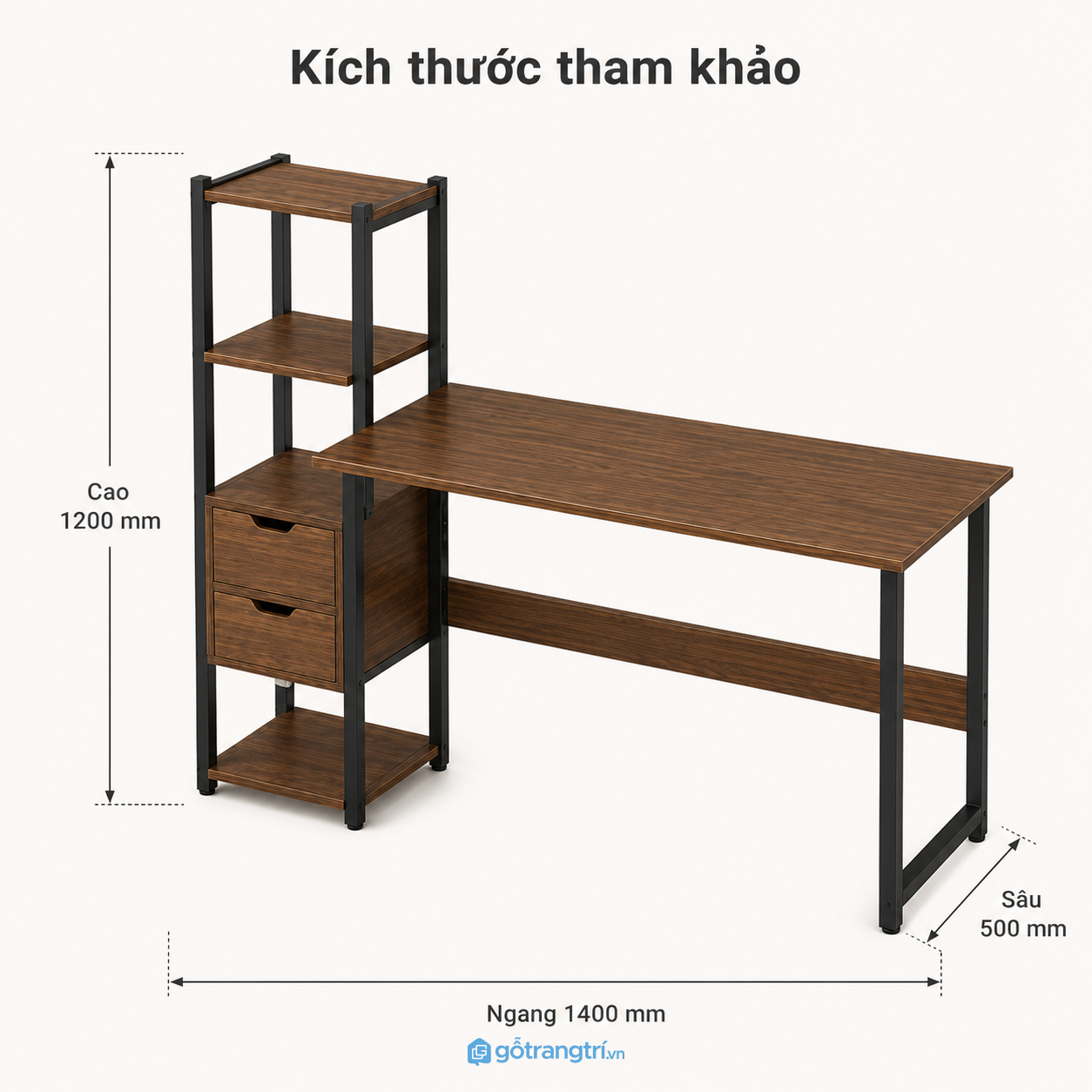 Bàn làm việc 1m4 liền kệ sách khung sắt tiện dụng Bàn làm việc 1m4 liền kệ sách khung sắt tiện dụng