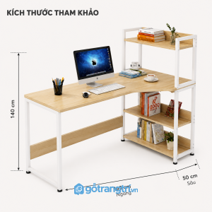Bàn làm việc 1m6 liền kệ sách, mặt gỗ sáng
