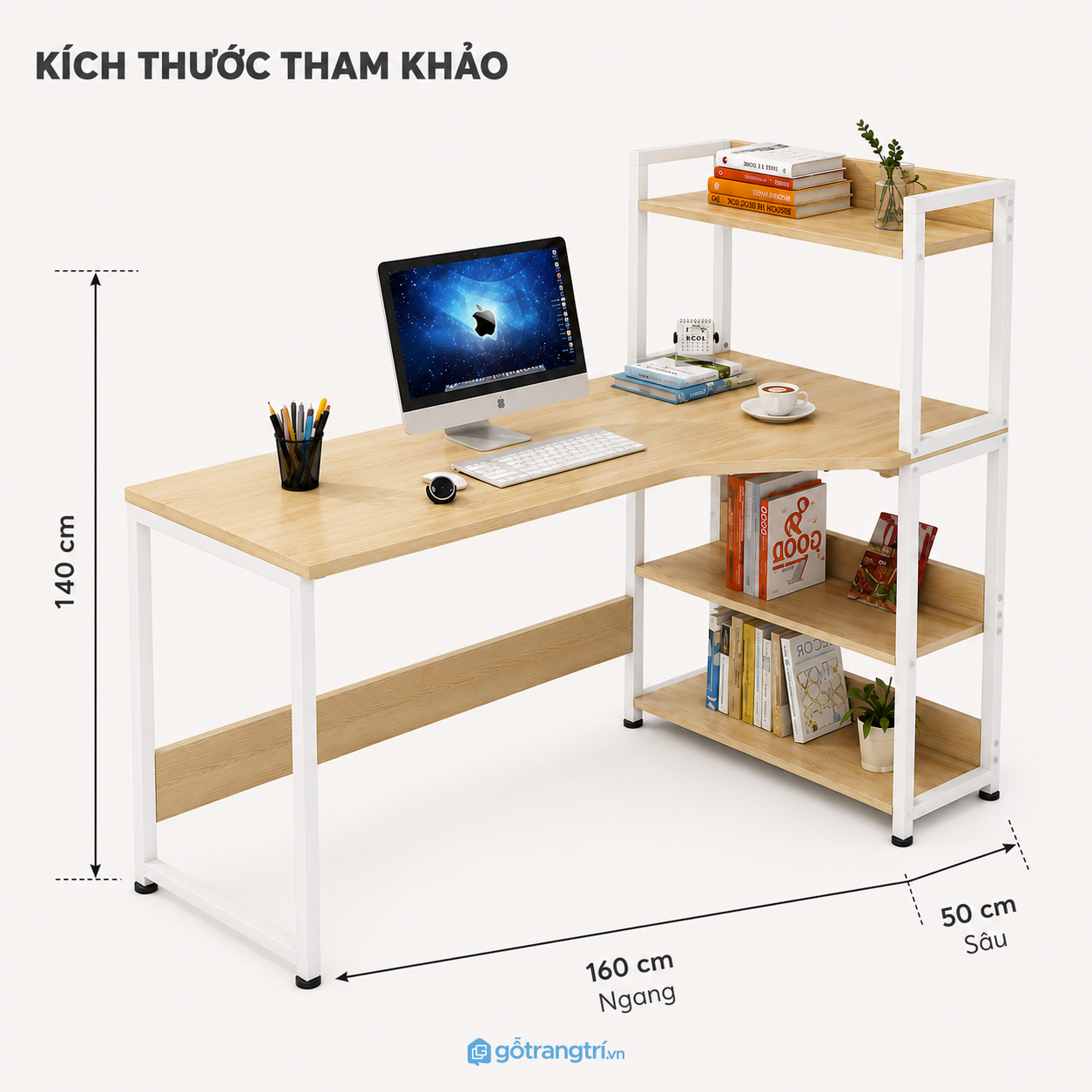Bàn làm việc 1m6 liền kệ sách, mặt gỗ sáng Bàn làm việc 1m6 liền kệ sách, mặt gỗ sáng