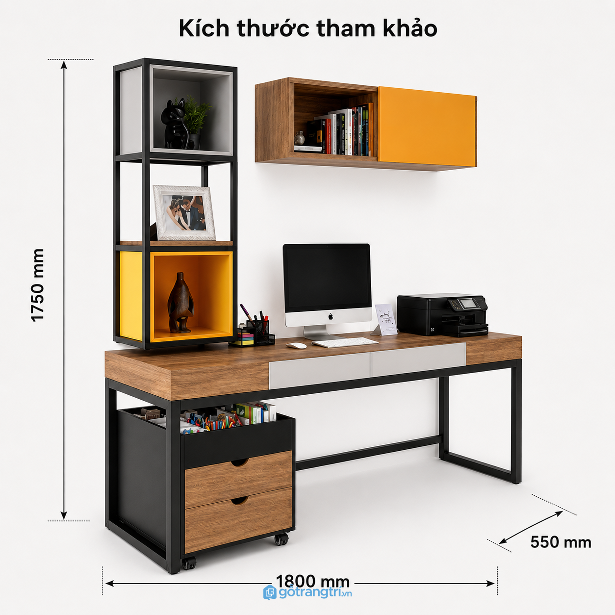 Bàn làm việc 1m8 kèm tủ di động, kệ và tủ treo