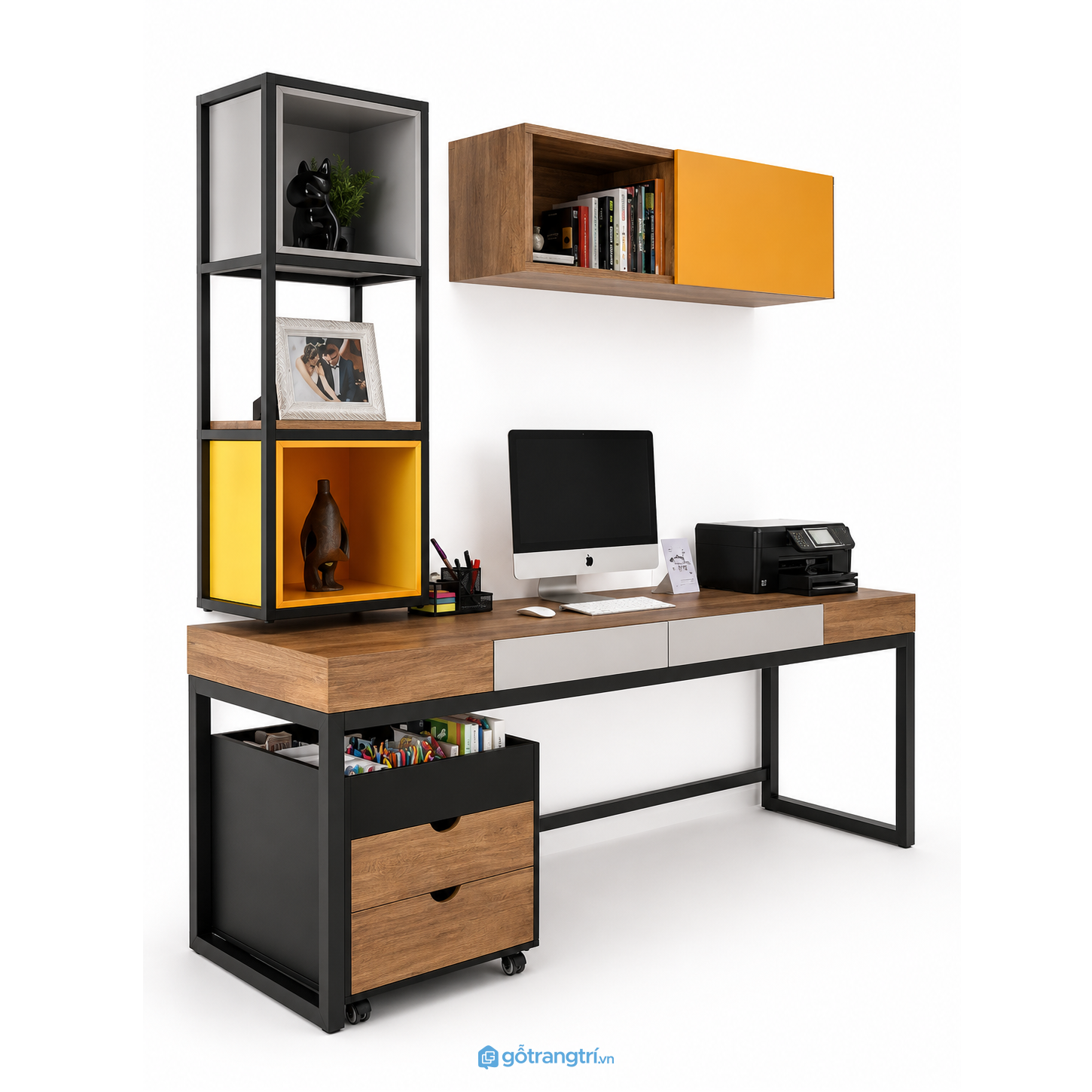 Bàn làm việc 1m8 kèm tủ di động và kệ trang trí GHS-4022