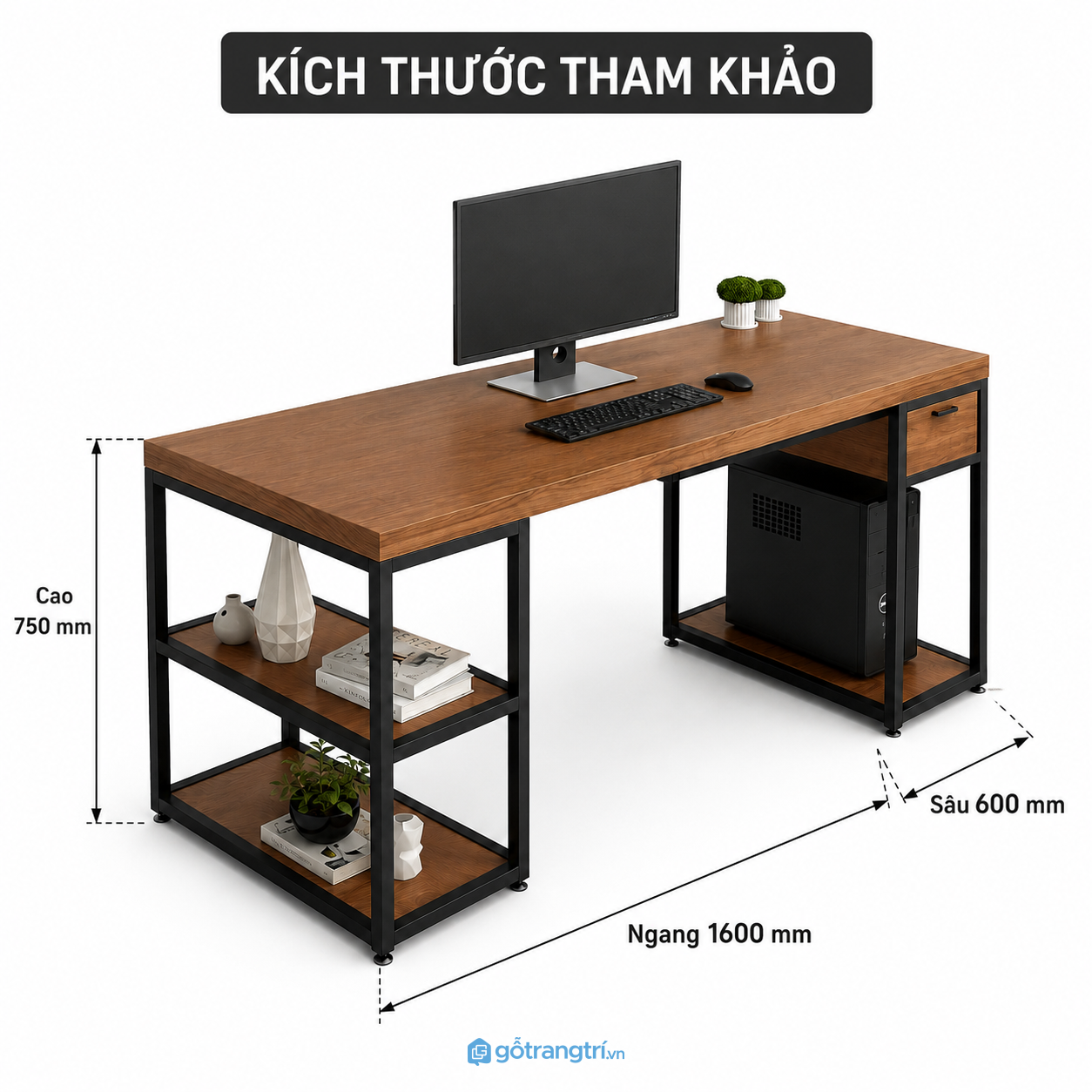 Bàn làm việc chân sắt mặt gỗ có kệ tối ưu không gian làm việc hiện đại