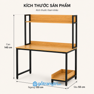 Bàn làm việc có kệ sách khung sắt 120cm tối ưu không gian lưu trữ