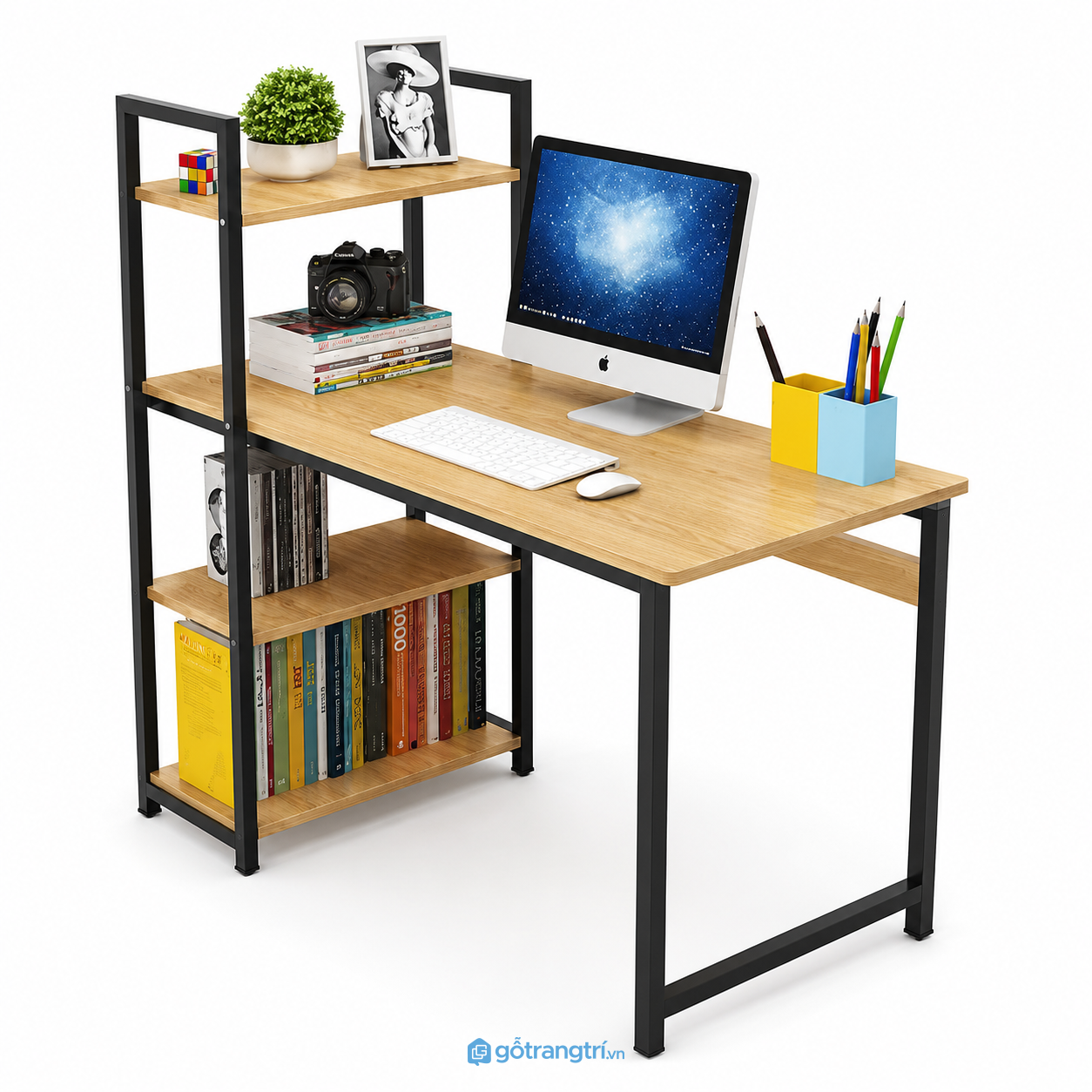 Bàn làm việc có kệ sách liền khung sắt hiện đại GHS-4038 Bàn làm việc có kệ sách liền khung sắt hiện đại GHS-4038