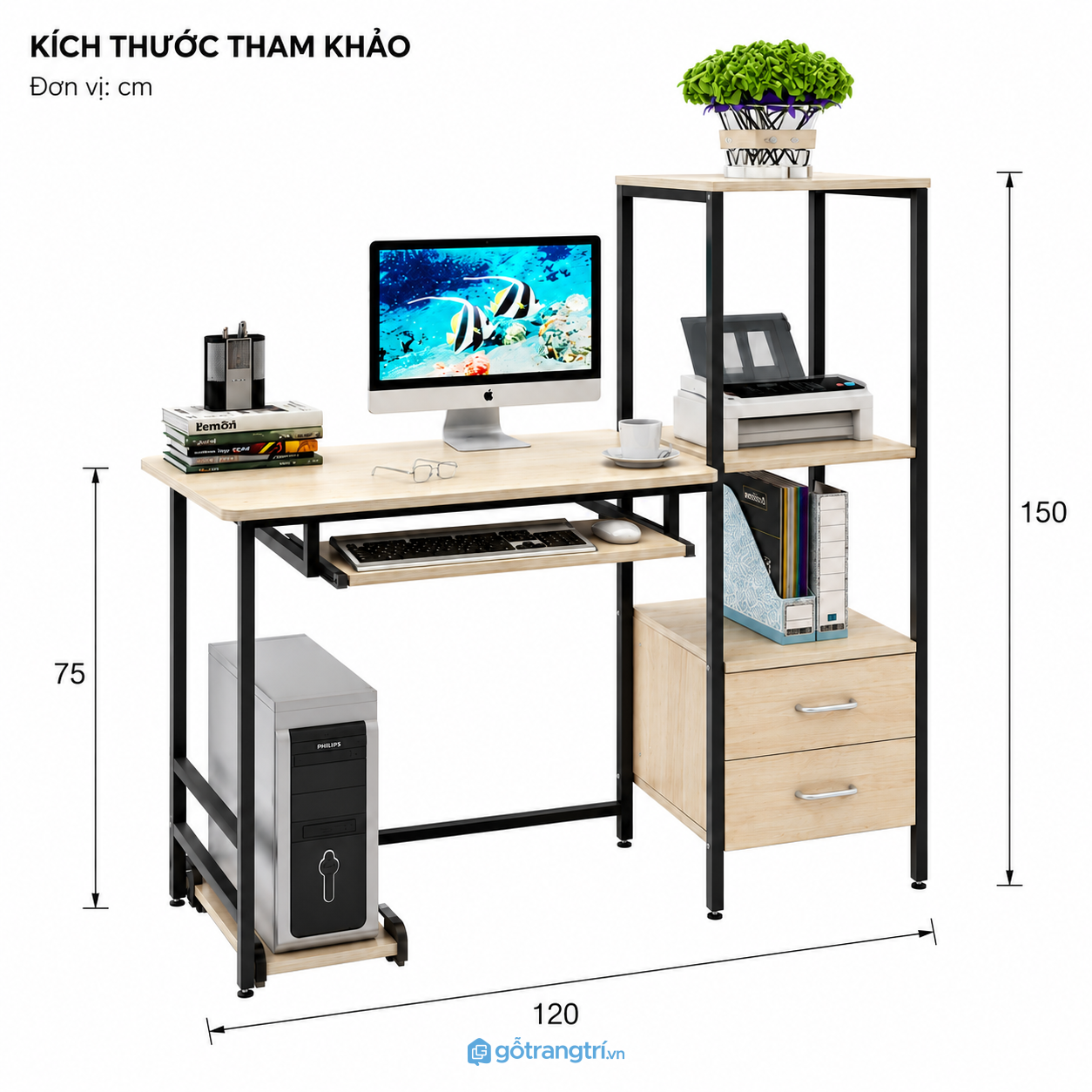 Bàn làm việc có kệ và ngăn kéo hiện đại giúp tối ưu không gian lưu trữ