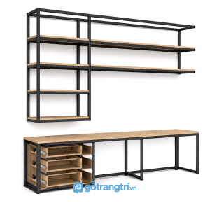 Bàn làm việc đôi kèm kệ sách khung sắt GHS-4021 - hình ảnh thực tế 1