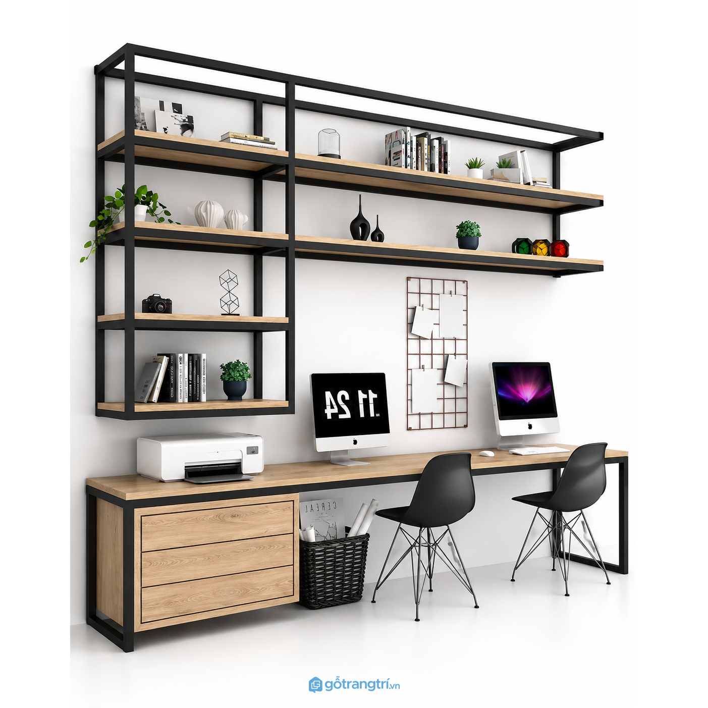 Bàn làm việc đôi kèm kệ sách khung sắt GHS-4021