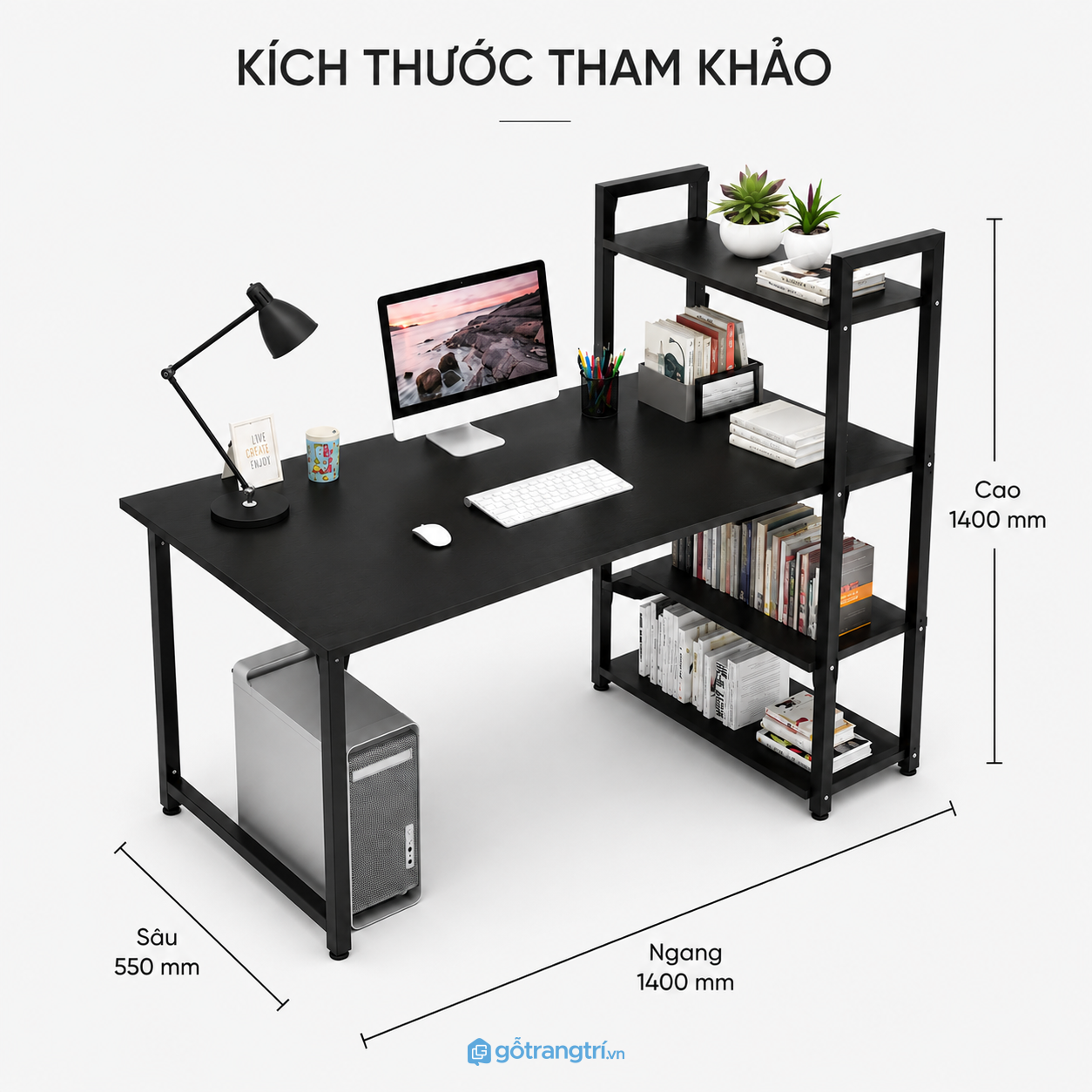 Bàn làm việc kèm kệ sách 140cm khung sắt giúp tối ưu không gian làm việc gọn gàng