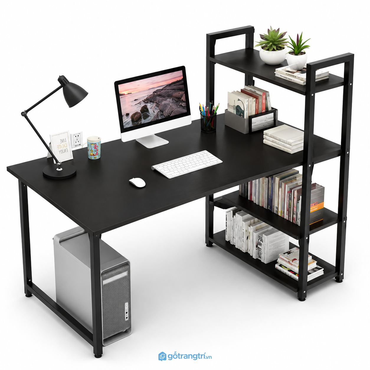 Bàn làm việc kèm kệ sách 140cm khung sắt hiện đại GHS-4046