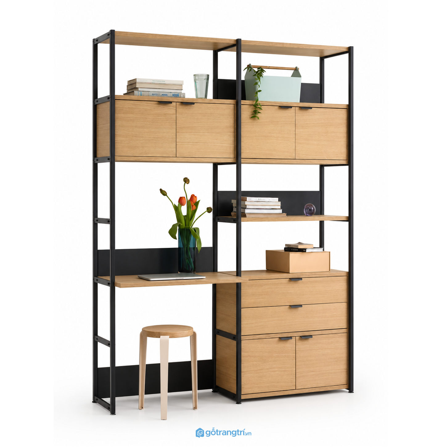 Bàn làm việc kết hợp kệ lưu trữ khung sắt hiện đại GHS-1012 - 1500x450x2100mm - Tùy chọn - GHS-1012