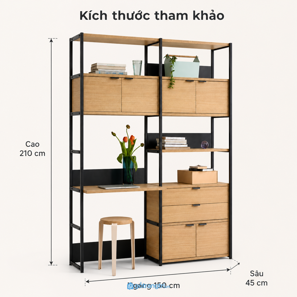 Bàn làm việc kết hợp kệ lưu trữ khung sắt tối ưu không gian làm việc gọn gàng