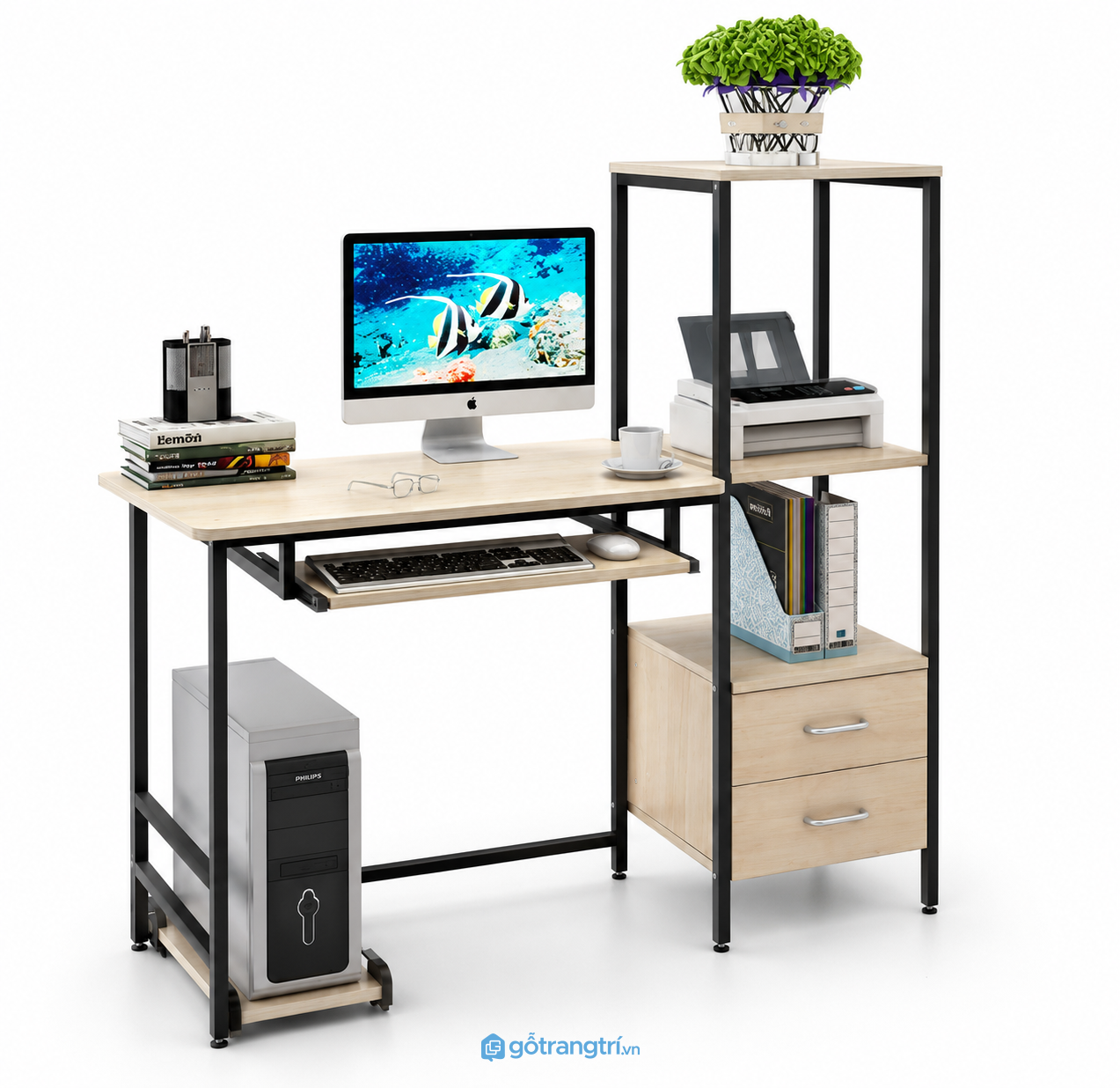 Bàn làm việc khung sắt kèm kệ đa năng hiện đại GHS-4041 - 1200x600x1280mm - Tùy chọn - GHS-4041