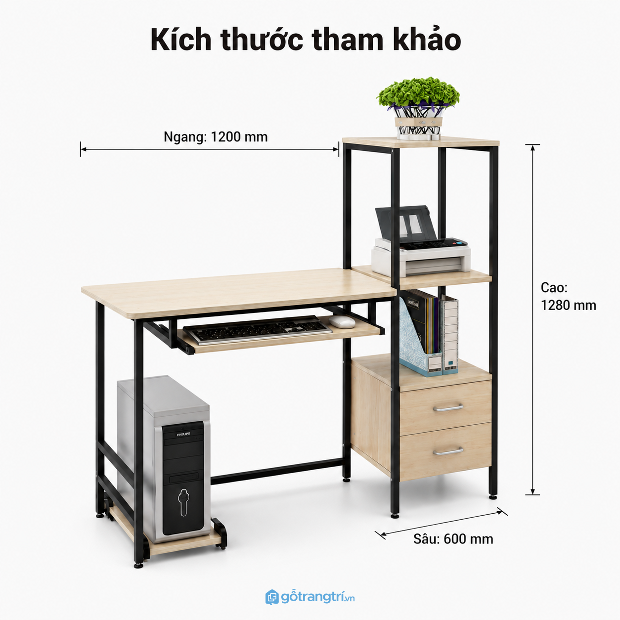 Bàn làm việc khung sắt kèm kệ đa năng tối ưu lưu trữ và không gian làm việc