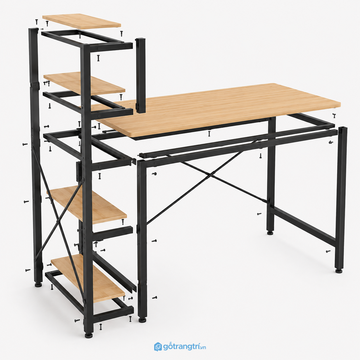 Bàn làm việc khung sắt kèm kệ sách bên hông GHS-4043 - hình ảnh thực tế 1