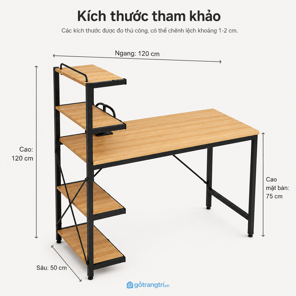 Bàn làm việc khung sắt kèm kệ sách bên hông tối ưu không gian sử dụng