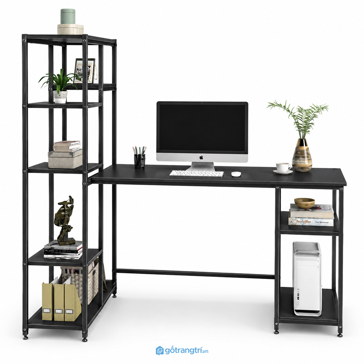Bàn làm việc khung sắt liền kệ sách hiện đại GHS-4042 - 1470x500x1450mm - Tùy chọn - GHS-4042