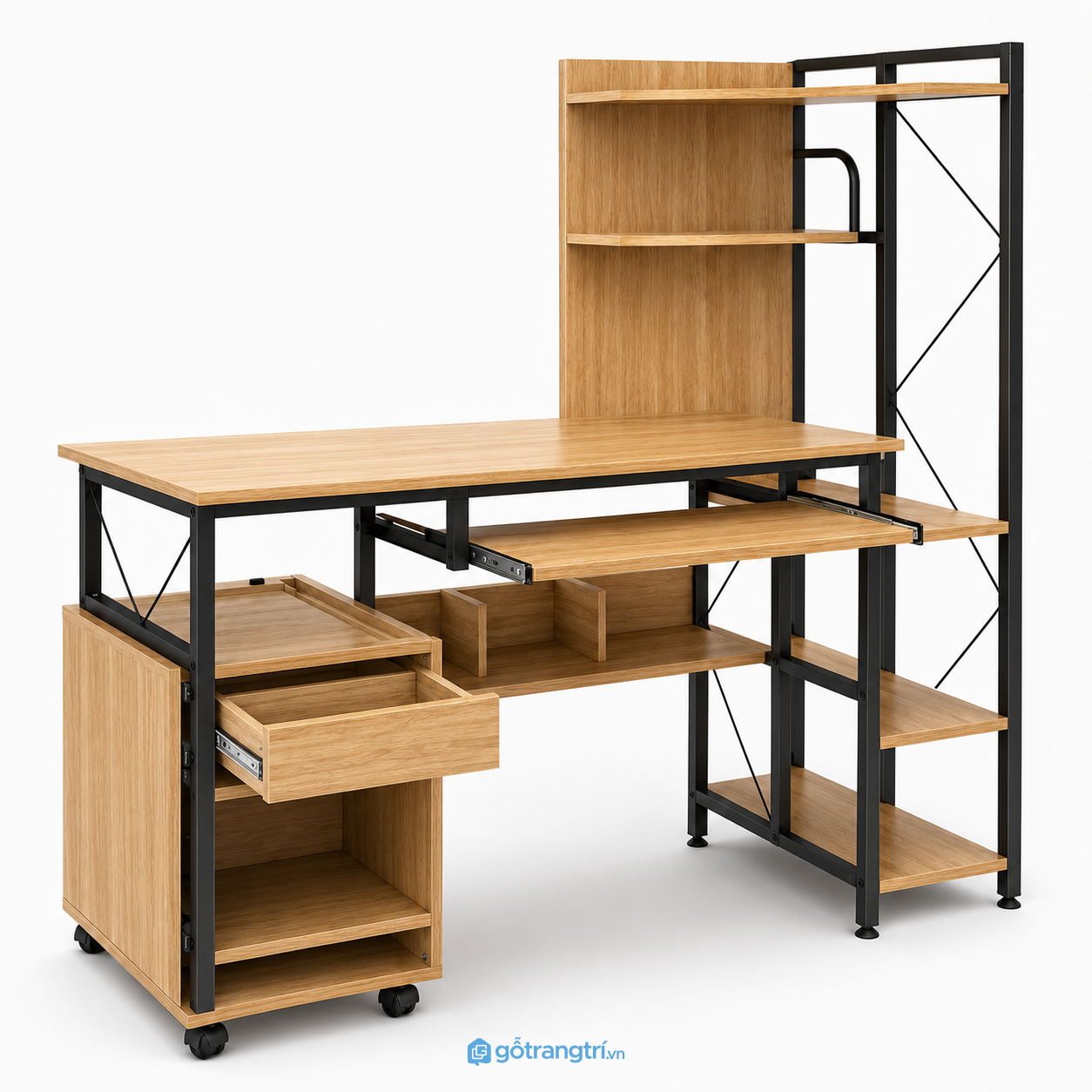 Bàn máy tính khung sắt liền kệ sách có hộc tủ GHS-4024 - hình ảnh thực tế 1 Bàn máy tính khung sắt liền kệ sách có hộc tủ GHS-4024 - hình ảnh thực tế 1