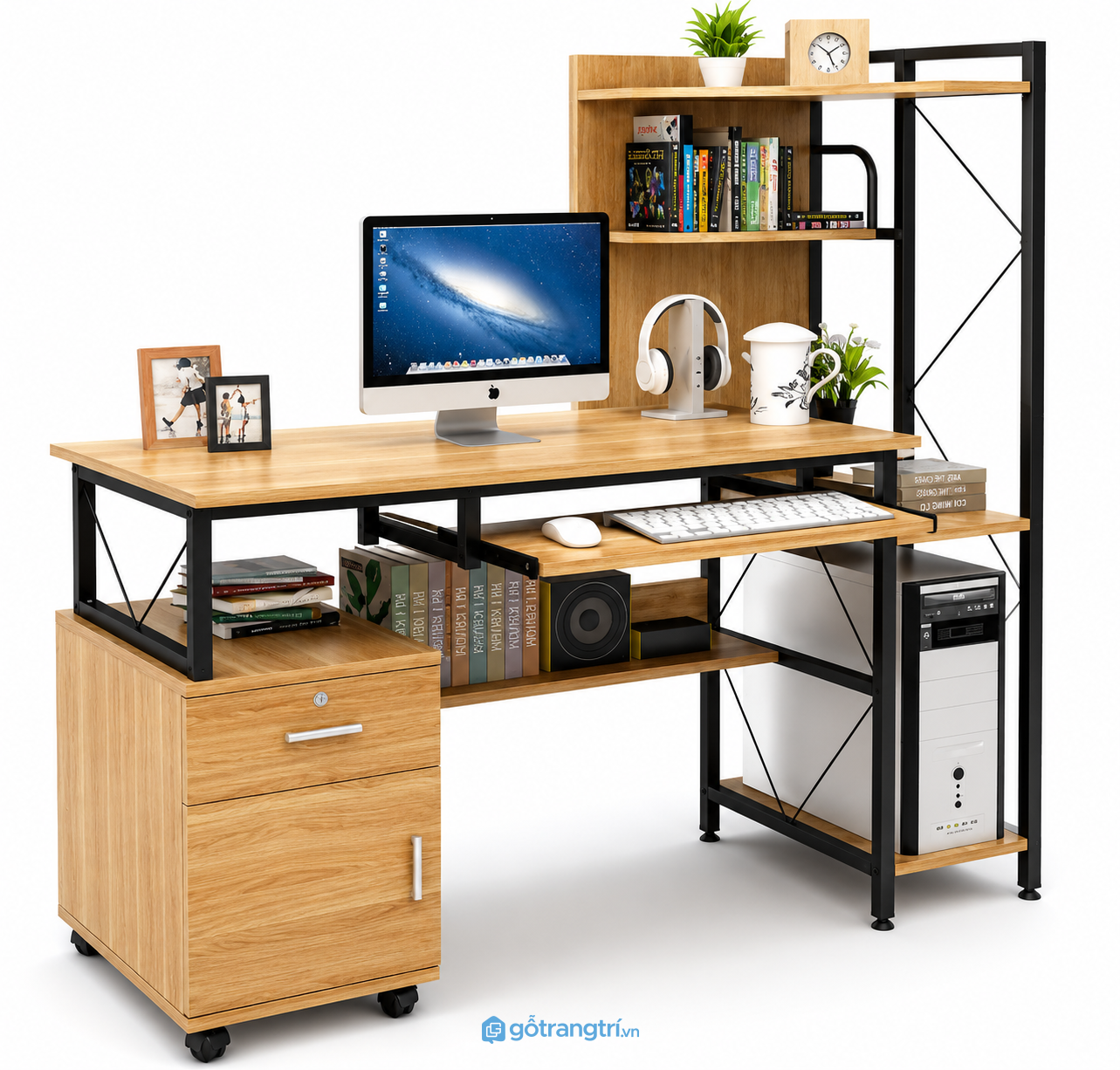 Bàn máy tính khung sắt liền kệ sách có hộc tủ GHS-4024 Bàn máy tính khung sắt liền kệ sách có hộc tủ GHS-4024