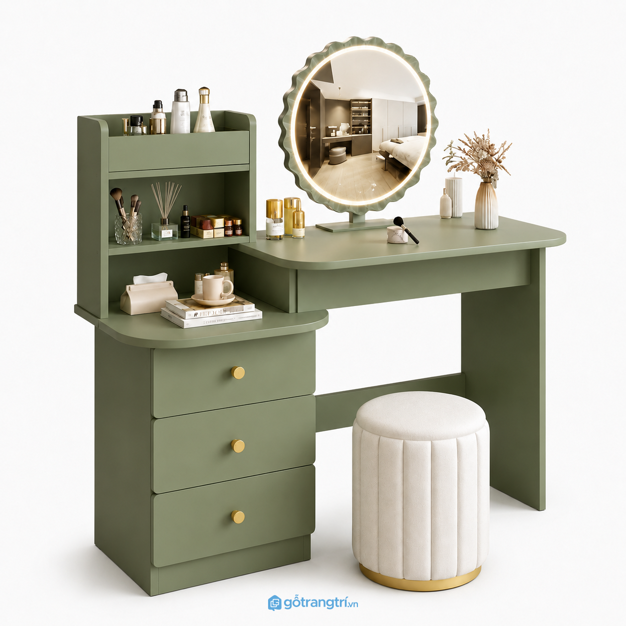 Bàn trang điểm có gương đèn LED hiện đại GHS-4020 - 120x45x138cm - Xanh olive - GHS-4020a