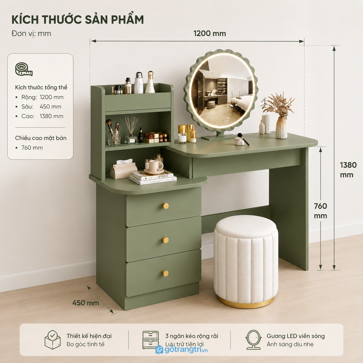 Bàn trang điểm có gương đèn LED hiện đại kết hợp lưu trữ tiện nghi