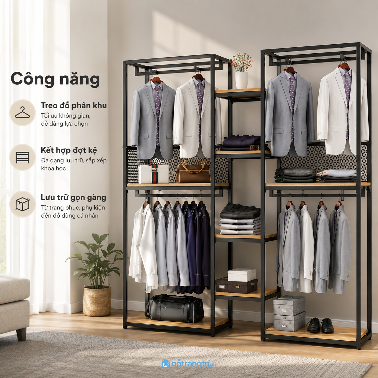 Bốn thanh treo và nhiều tầng chứa đồ