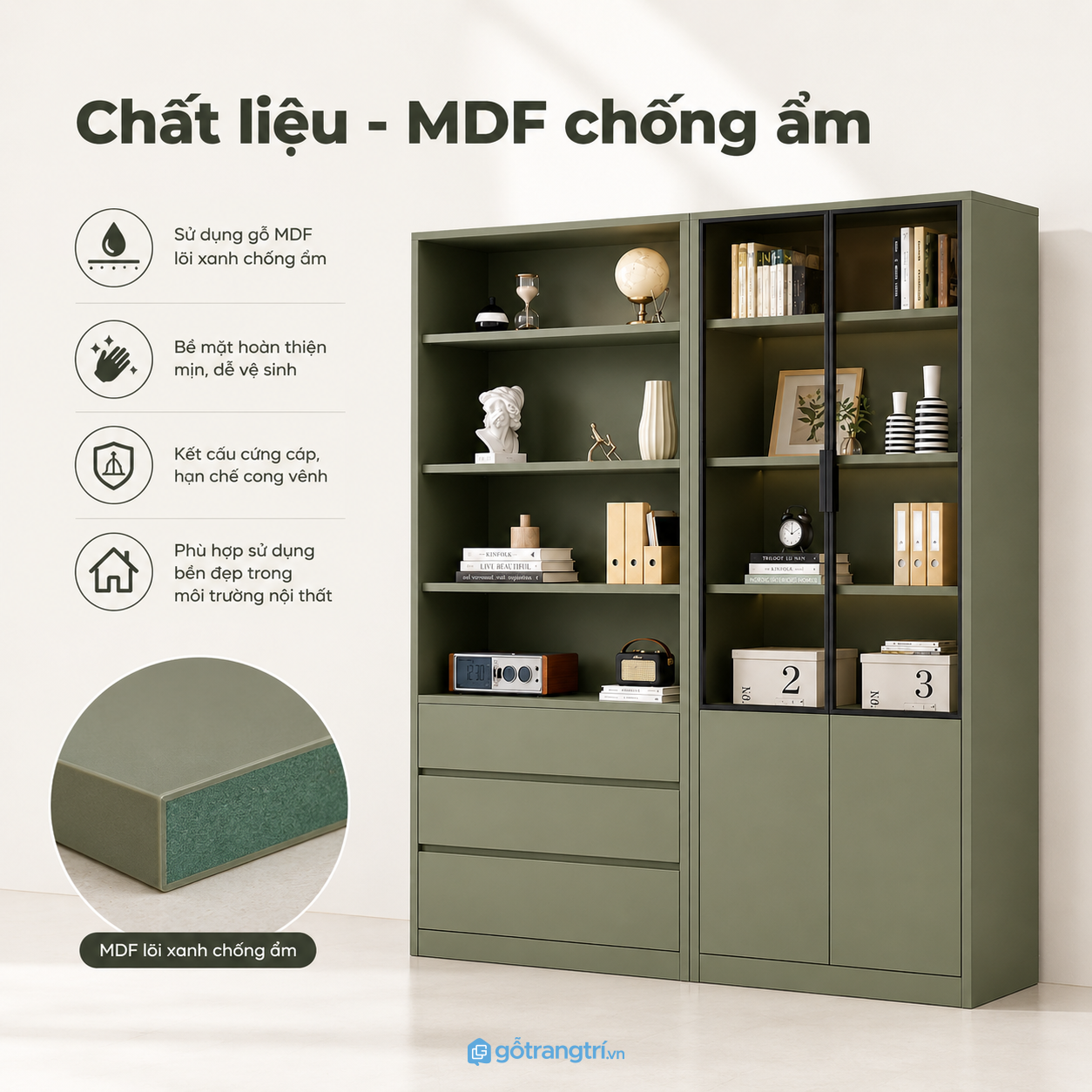 Chất liệu gỗ công nghiệp bền đẹp, dễ lau chùi Chất liệu gỗ công nghiệp bền đẹp, dễ lau chùi