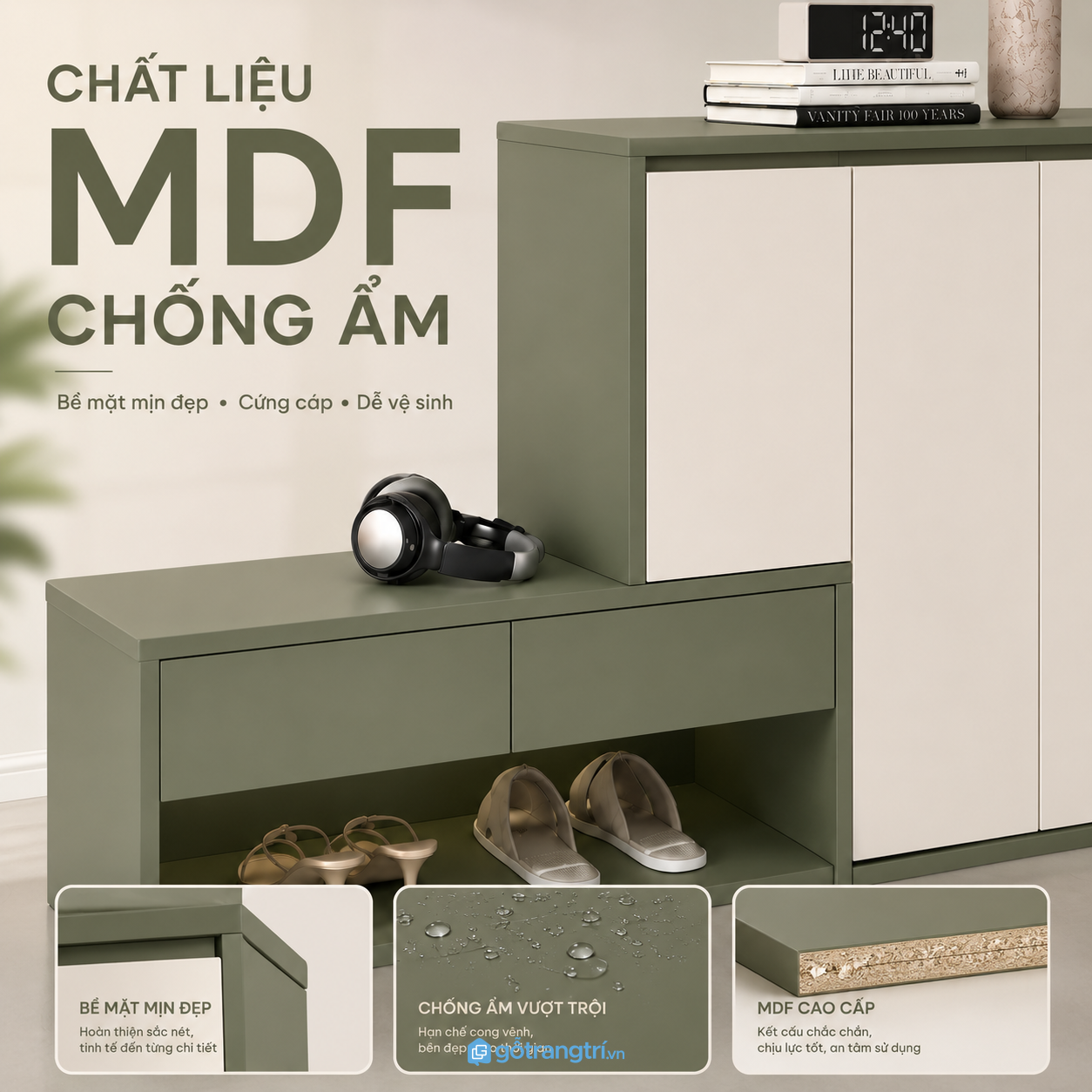 Chất liệu gỗ công nghiệp bền đẹp, dễ vệ sinh