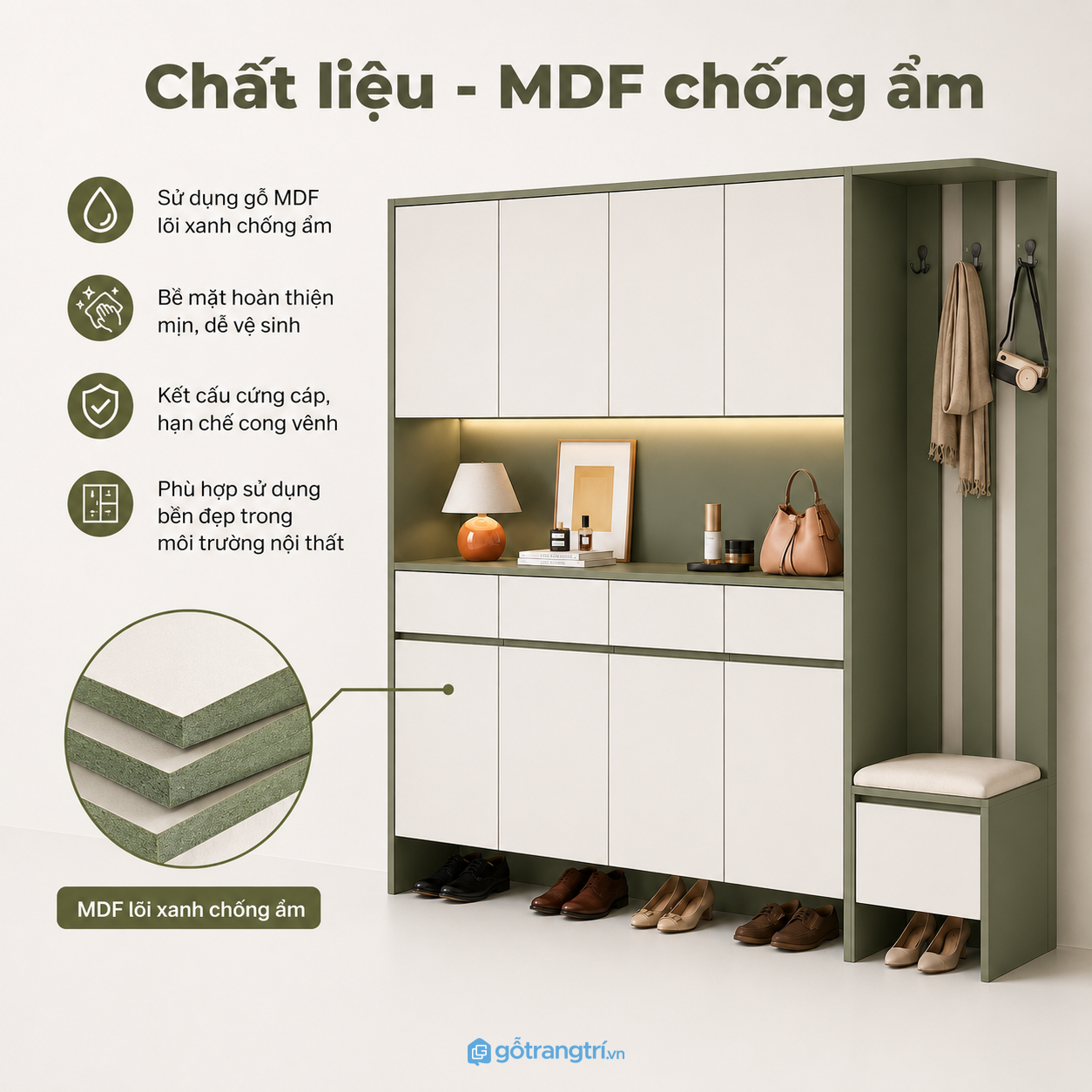 Chất liệu gỗ công nghiệp chống ẩm, dễ vệ sinh