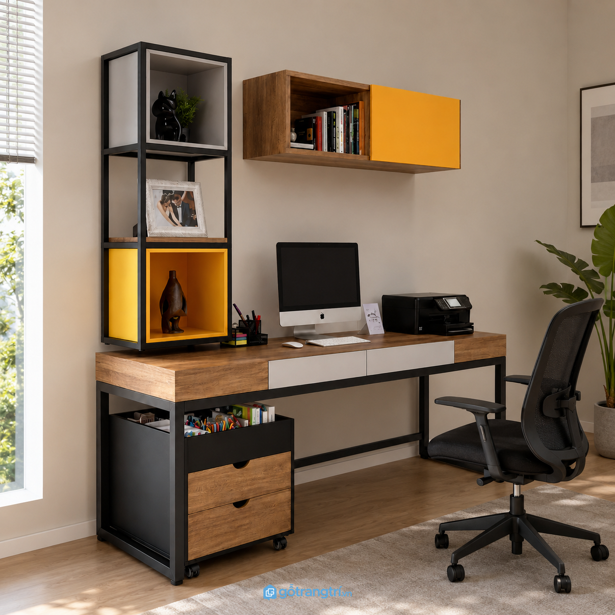 Chi tiết thiết kế Bàn làm việc 1m8 kèm tủ di động và kệ trang trí GHS-4022