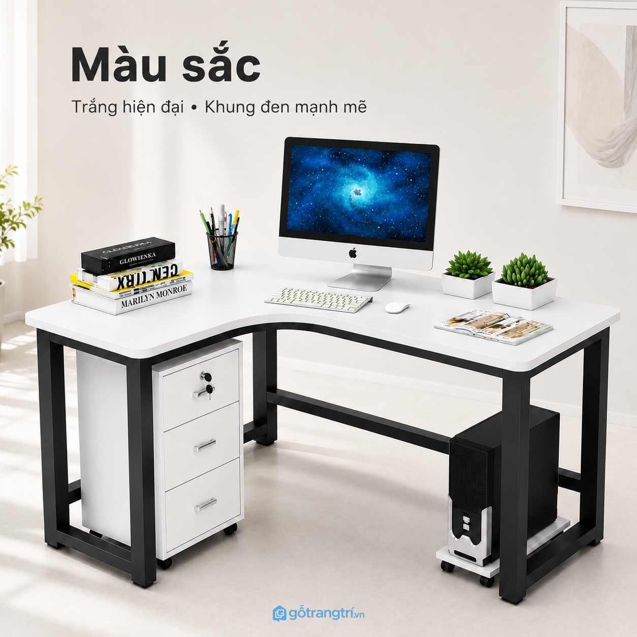 Chi tiết thiết kế Bàn làm việc chữ L có hộc tủ hiện đại GHS-4044