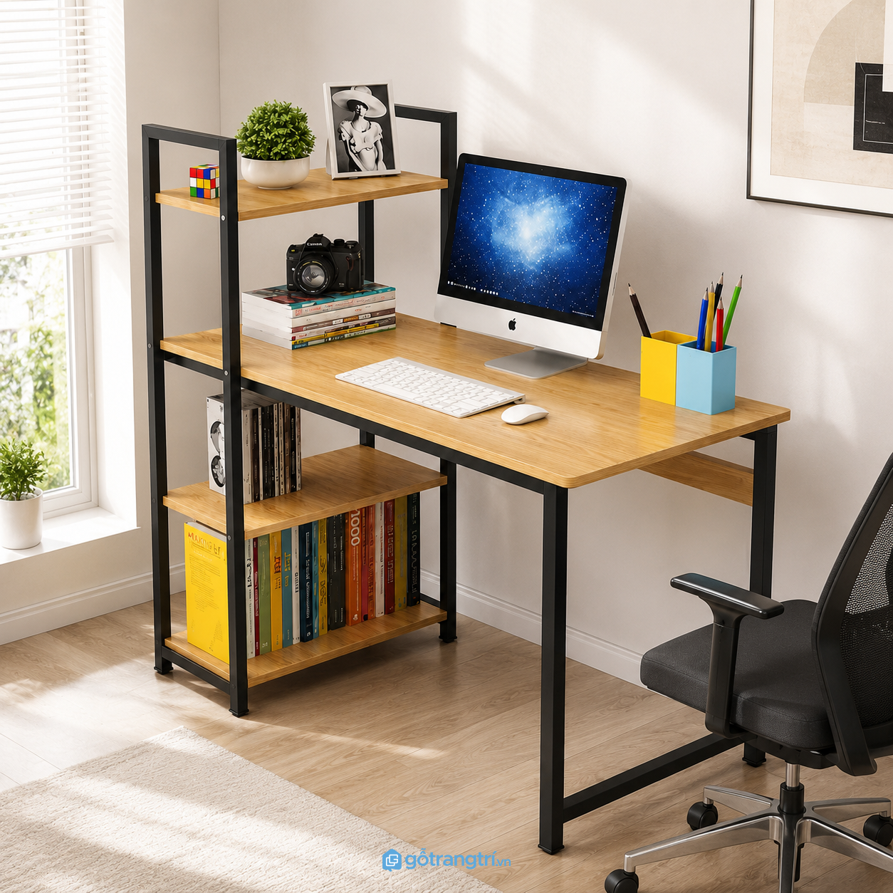 Chi tiết thiết kế Bàn làm việc có kệ sách liền khung sắt hiện đại GHS-4038 Chi tiết thiết kế Bàn làm việc có kệ sách liền khung sắt hiện đại GHS-4038
