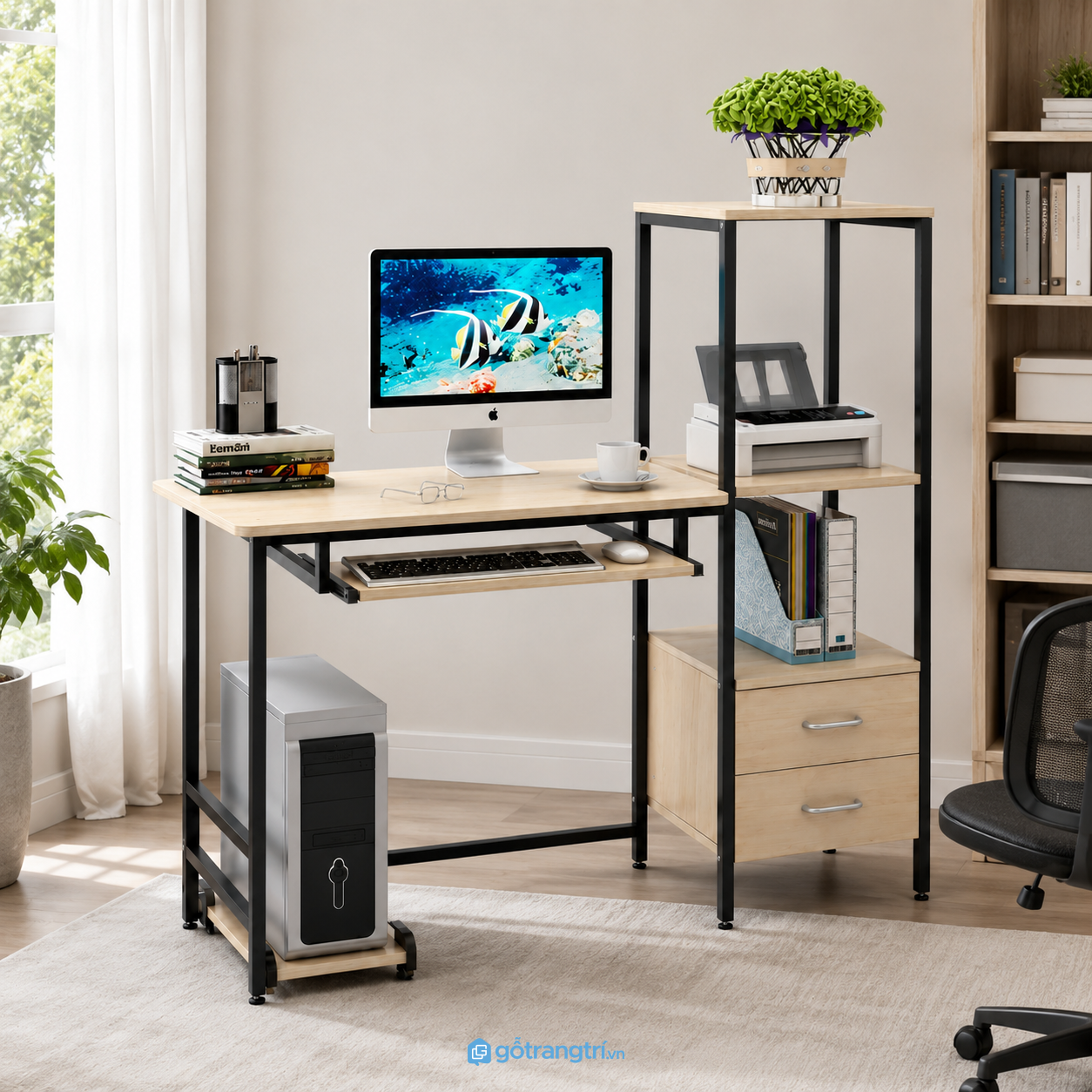 Chi tiết thiết kế Bàn làm việc có kệ và ngăn kéo hiện đại đa năng GHS-4031