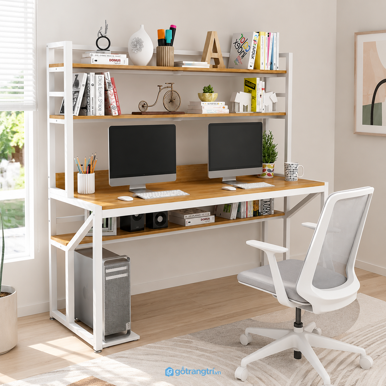 Chi tiết thiết kế Bàn làm việc đôi có kệ sách khung sắt hiện đại GHS-4039 Chi tiết thiết kế Bàn làm việc đôi có kệ sách khung sắt hiện đại GHS-4039