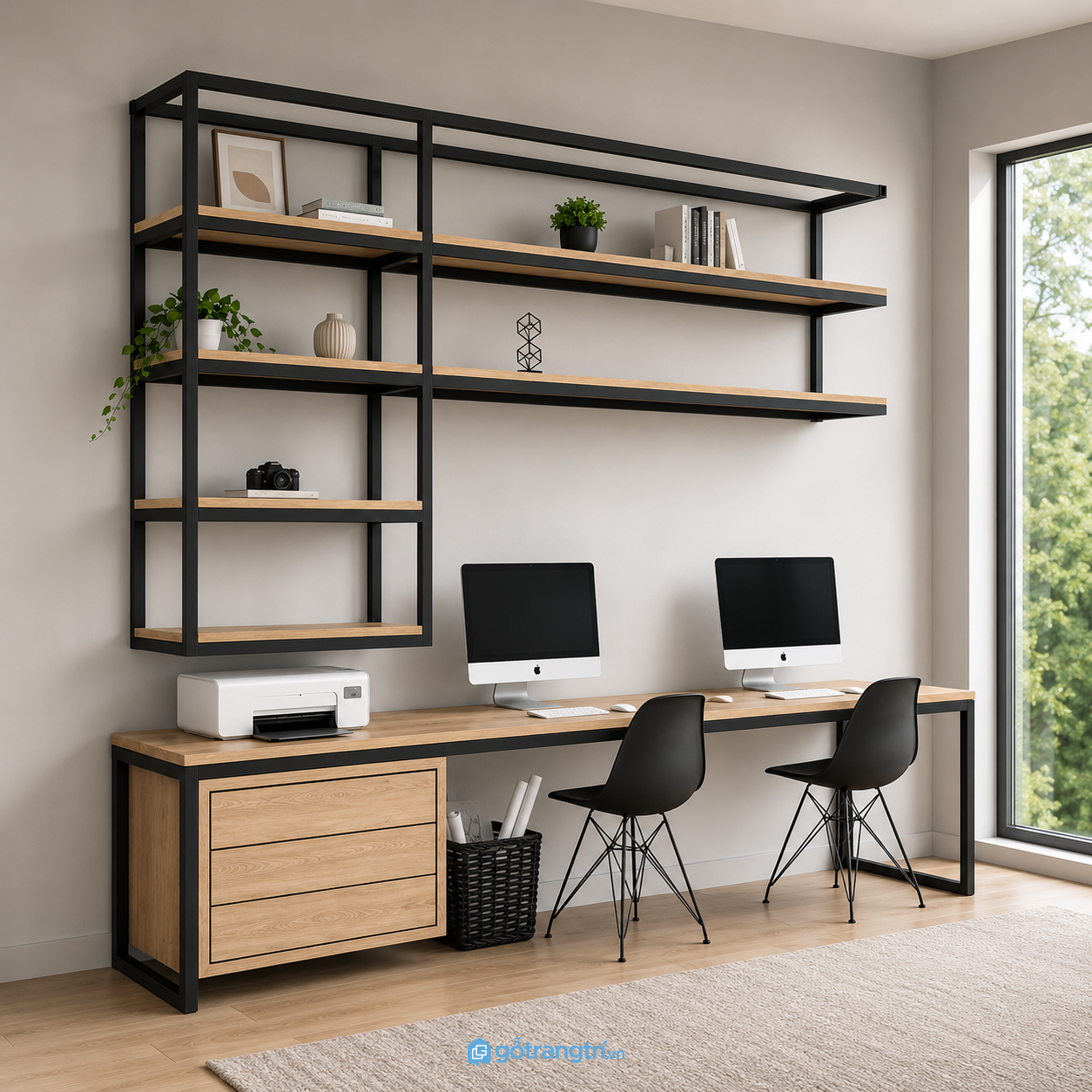 Chi tiết thiết kế Bàn làm việc đôi kèm kệ sách khung sắt GHS-4021