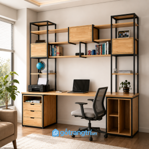 Chi tiết thiết kế Bàn làm việc đôi khung sắt kèm kệ sách 2m4 GHS-4023