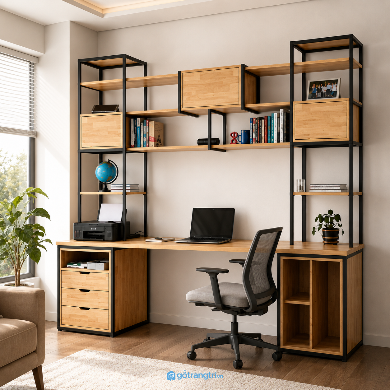 Chi tiết thiết kế Bàn làm việc đôi khung sắt kèm kệ sách 2m4 GHS-4023 Chi tiết thiết kế Bàn làm việc đôi khung sắt kèm kệ sách 2m4 GHS-4023