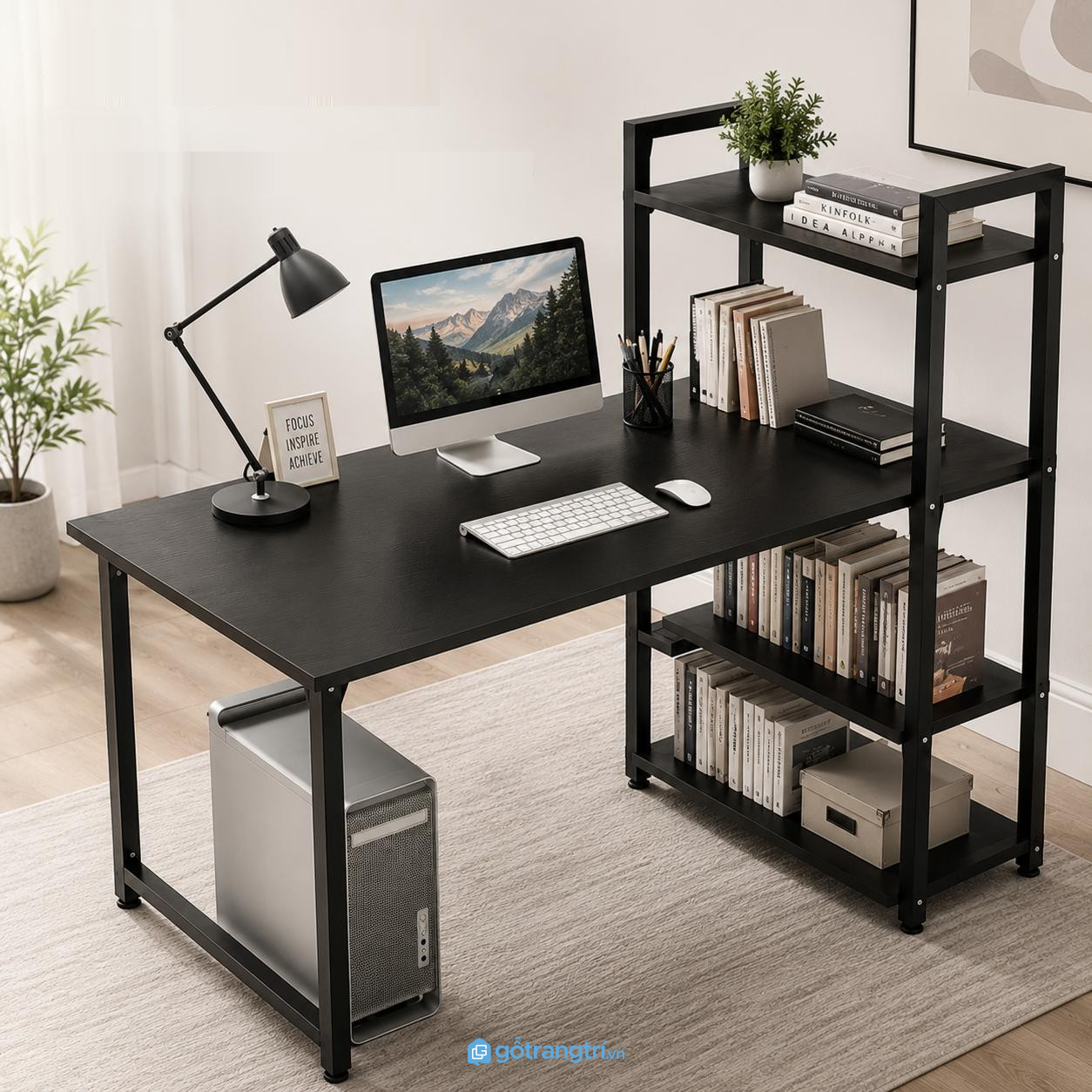 Chi tiết thiết kế Bàn làm việc kèm kệ sách 140cm khung sắt hiện đại GHS-4046