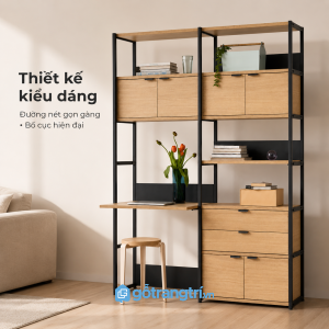 Chi tiết thiết kế Bàn làm việc kết hợp kệ lưu trữ khung sắt hiện đại GHS-1012