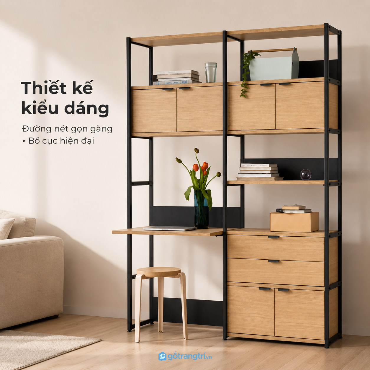 Chi tiết thiết kế Bàn làm việc kết hợp kệ lưu trữ khung sắt hiện đại GHS-1012