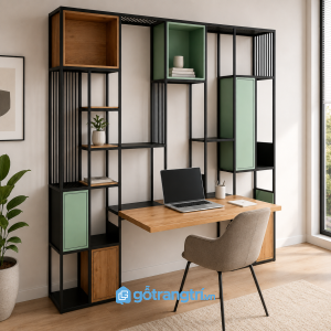 Chi tiết thiết kế Bàn làm việc kết hợp kệ sách khung sắt gỗ hiện đại GHS-2012
